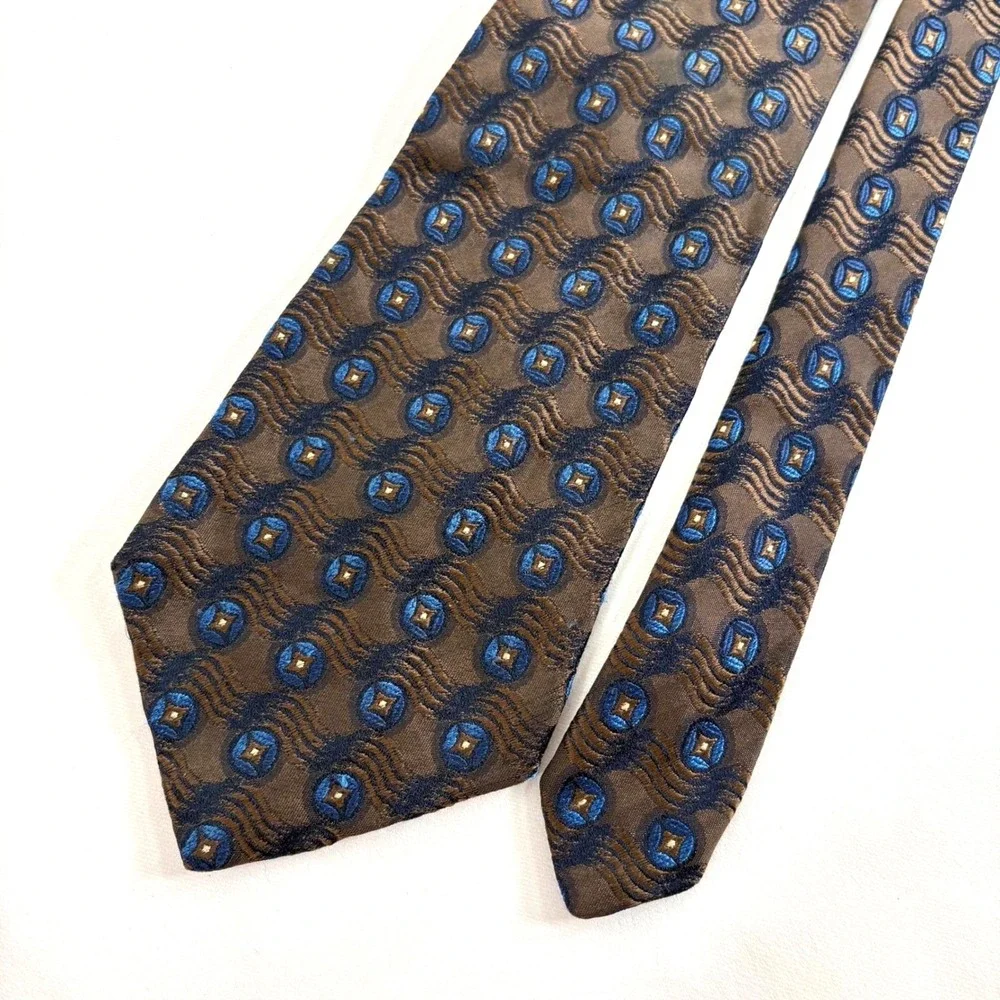 Benjamin James Silk Tie Brown Blue Geometric Medallion‎ Made in England